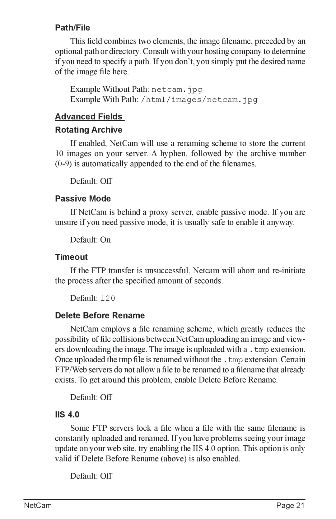 StarDot Technologies net camera Path/File, Advanced Fields Rotating Archive, Passive Mode, Timeout, Delete Before Rename 