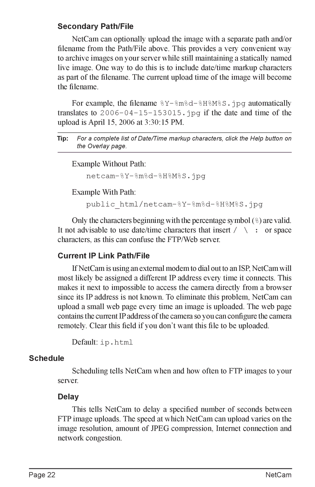 StarDot Technologies net camera manual Secondary Path/File, Current IP Link Path/File, Schedule, Delay 