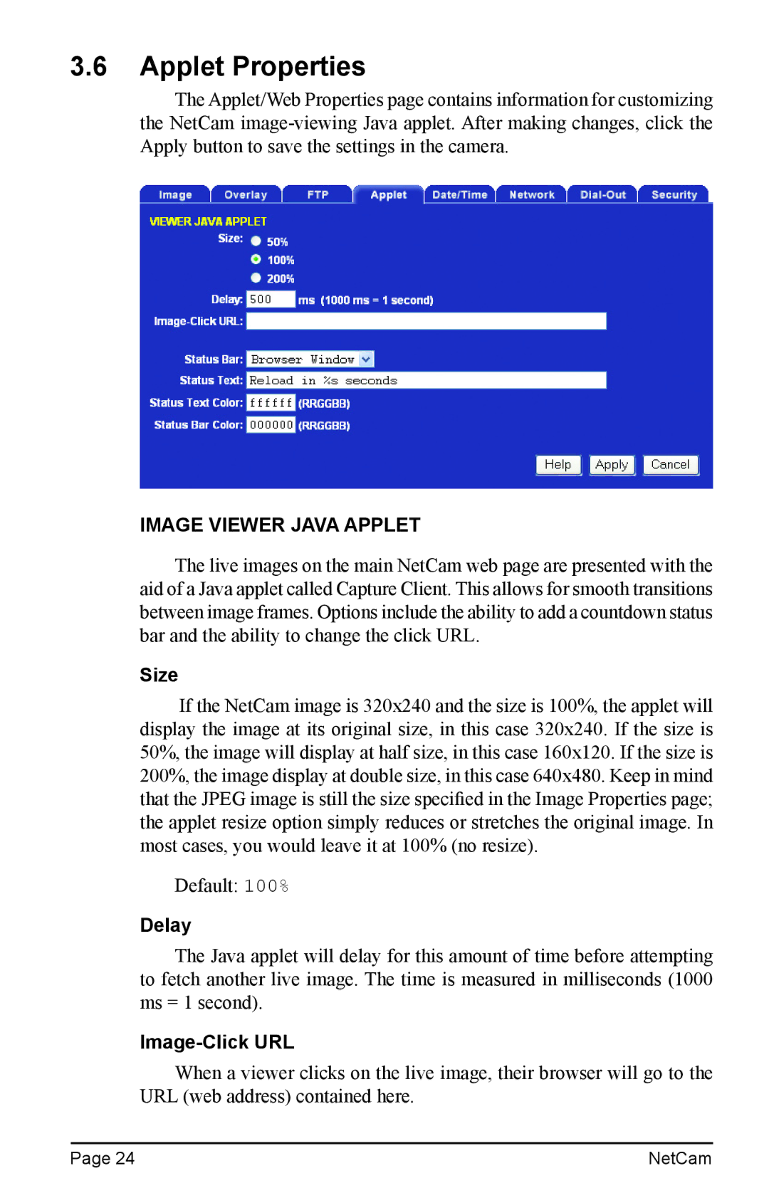 StarDot Technologies net camera manual Applet Properties, Image Viewer Java Applet, Size, Image-Click URL 