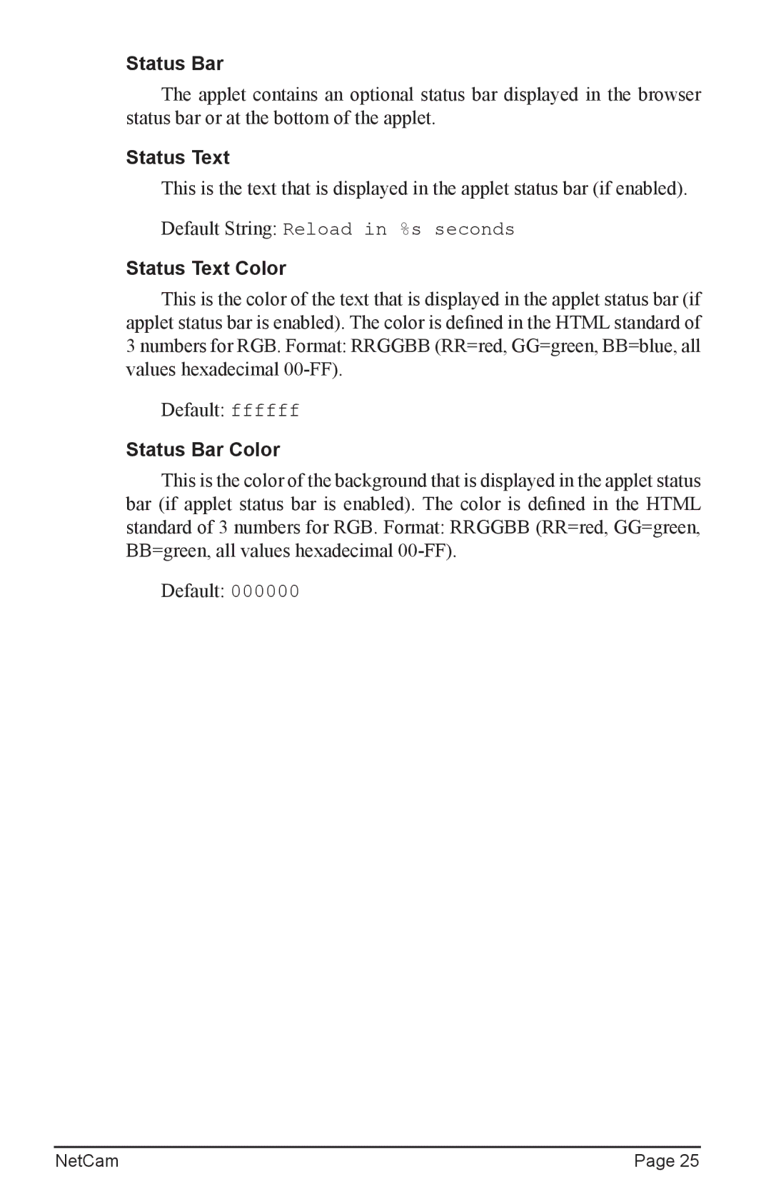 StarDot Technologies net camera manual Status Text Color, Status Bar Color 