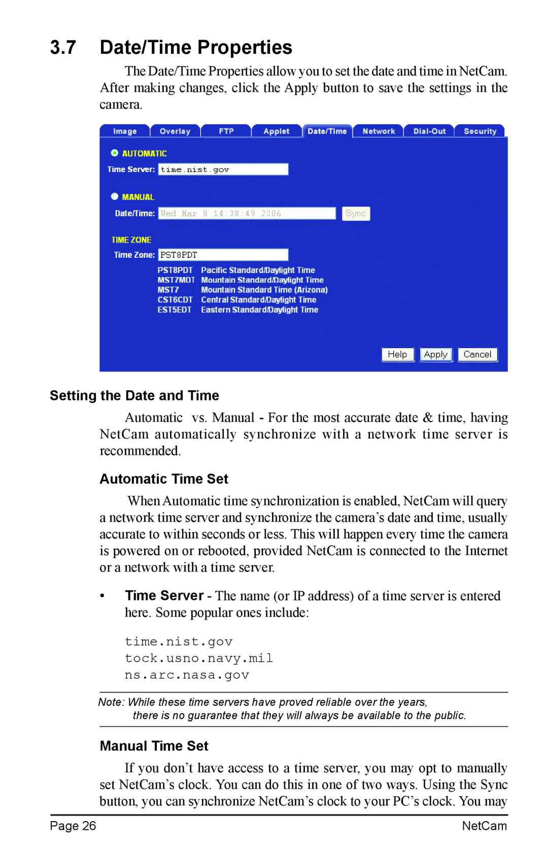 StarDot Technologies net camera manual Date/Time Properties, Setting the Date and Time, Automatic Time Set, Manual Time Set 