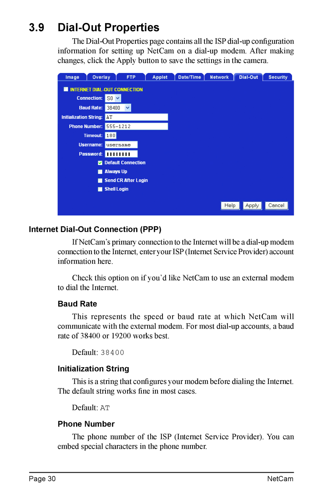 StarDot Technologies net camera Dial-Out Properties, Internet Dial-Out Connection PPP, Baud Rate, Initialization String 