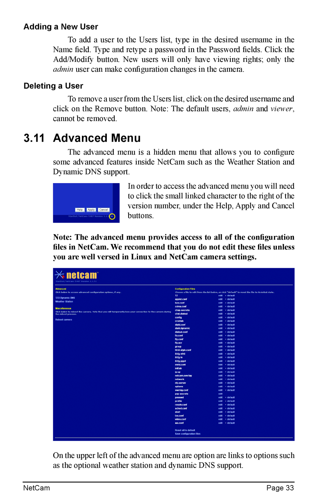 StarDot Technologies net camera manual Advanced Menu, Adding a New User, Deleting a User 