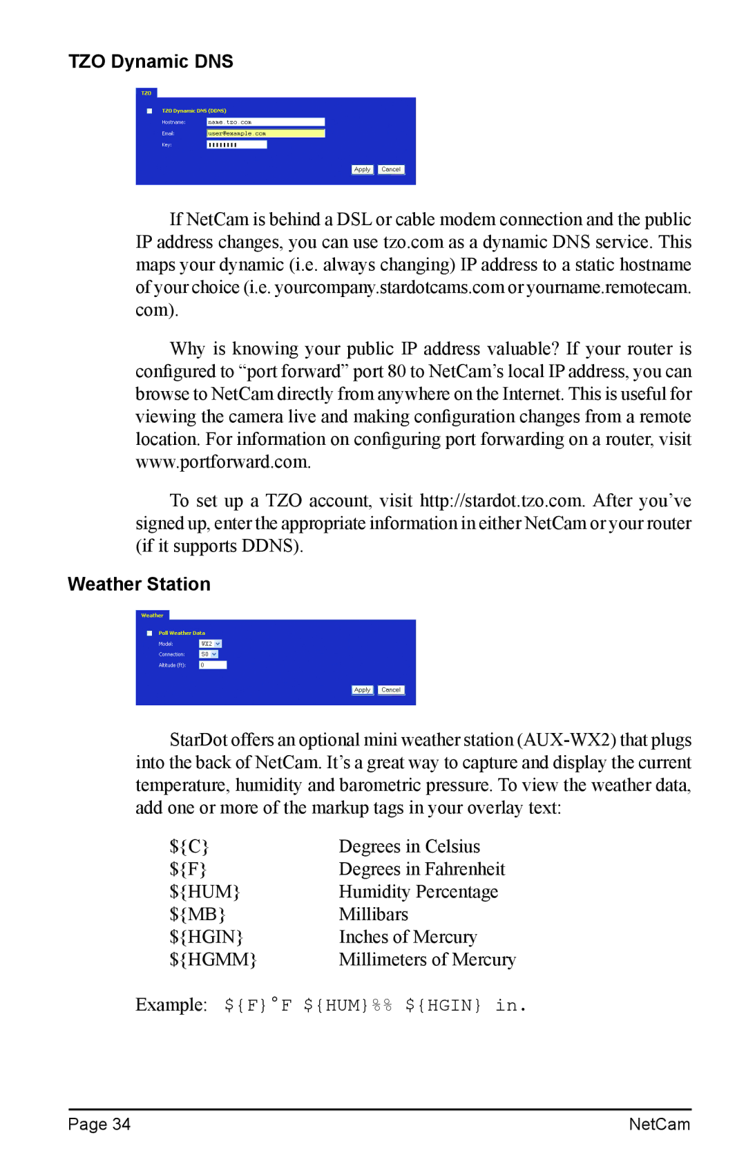 StarDot Technologies net camera manual TZO Dynamic DNS, Weather Station 