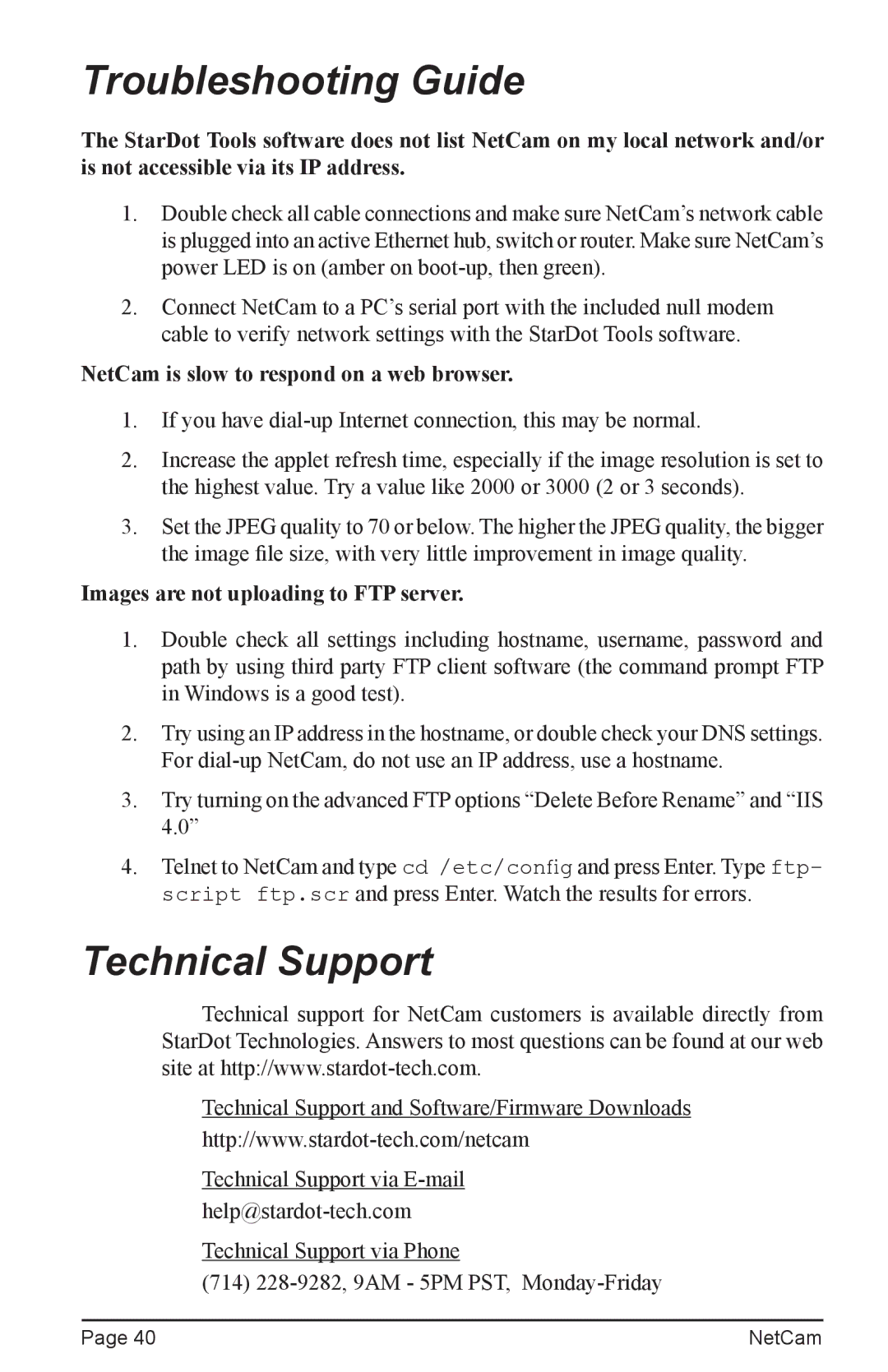 StarDot Technologies net camera manual Troubleshooting Guide, Technical Support 