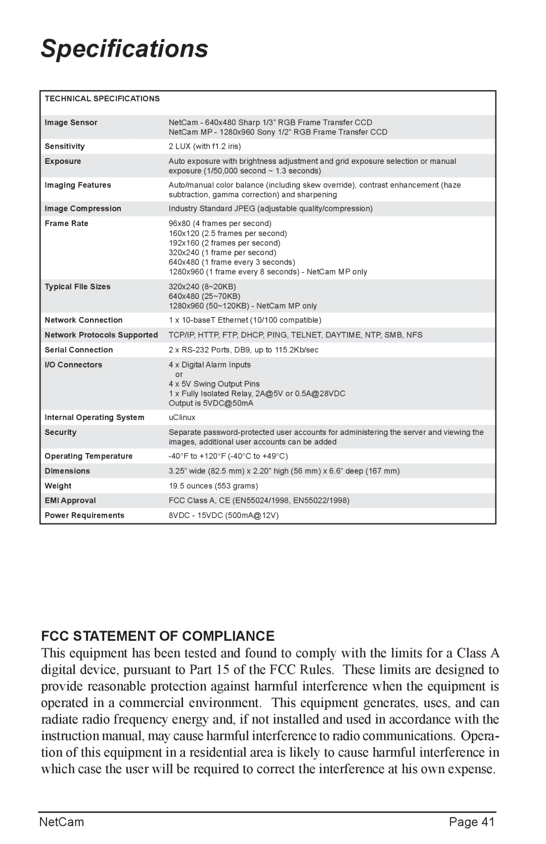 StarDot Technologies net camera manual Specifications, FCC Statement of Compliance 