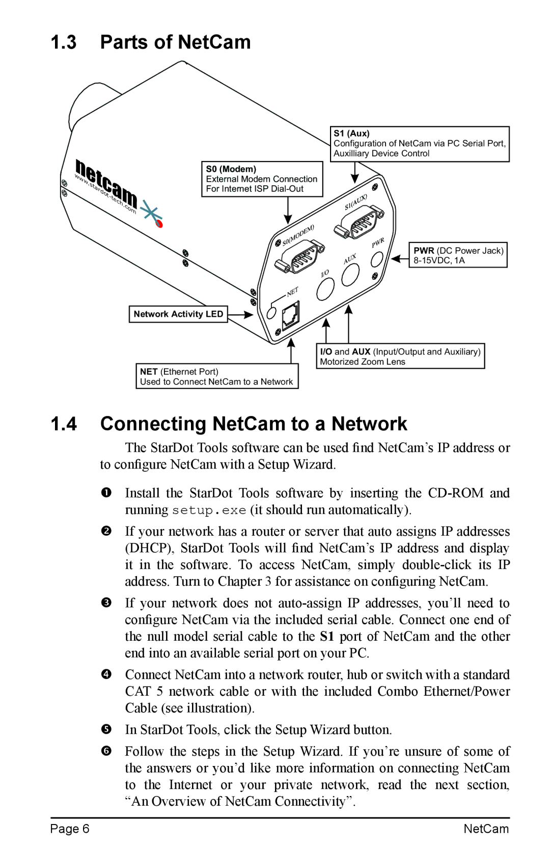 StarDot Technologies net camera manual Parts of NetCam, Connecting NetCam to a Network 