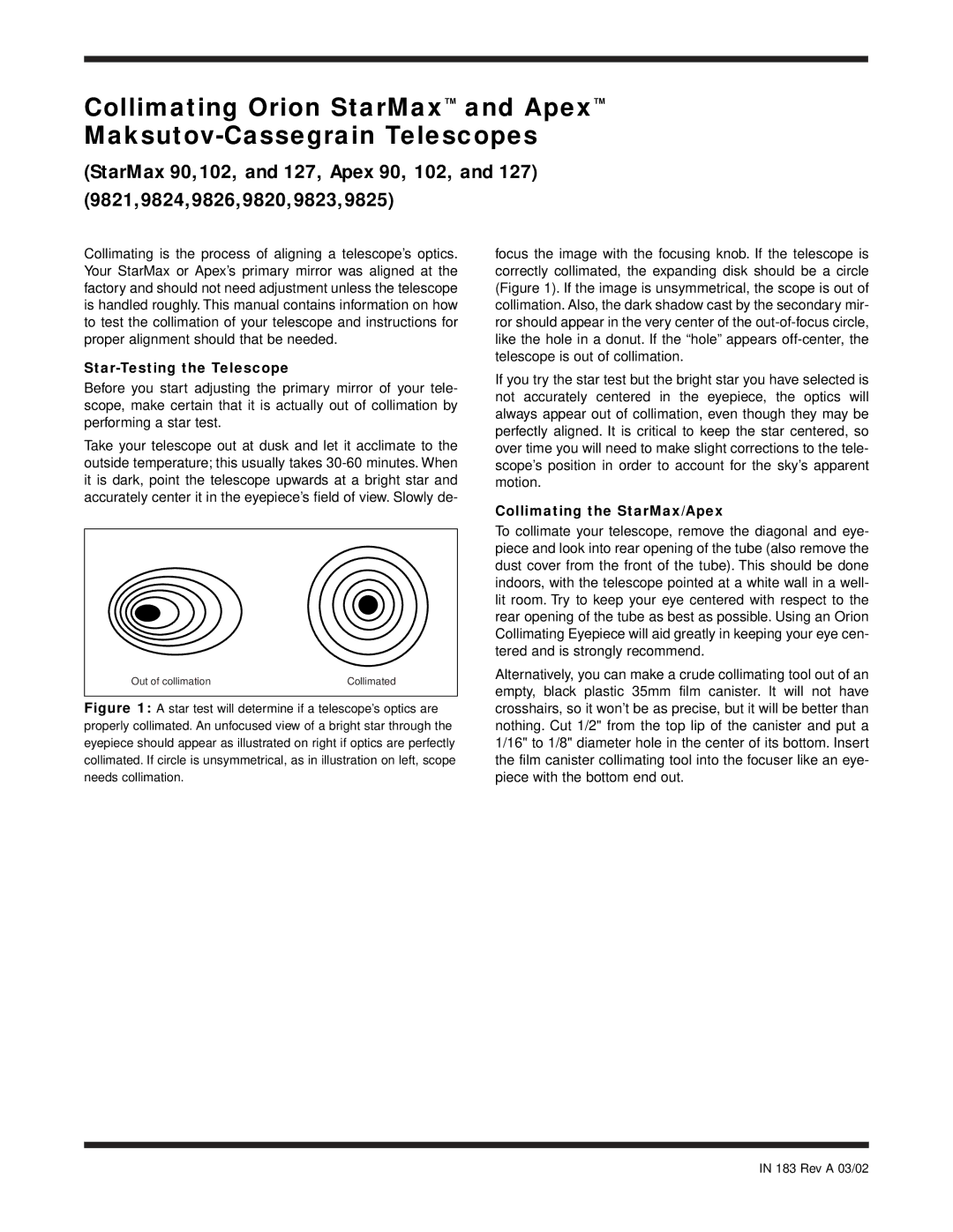 Starmax Resource 9824, 9820, 9825, 127, 90, 9823 manual Star-Testing the Telescope, Collimating the StarMax/Apex, Rev a 03/02 