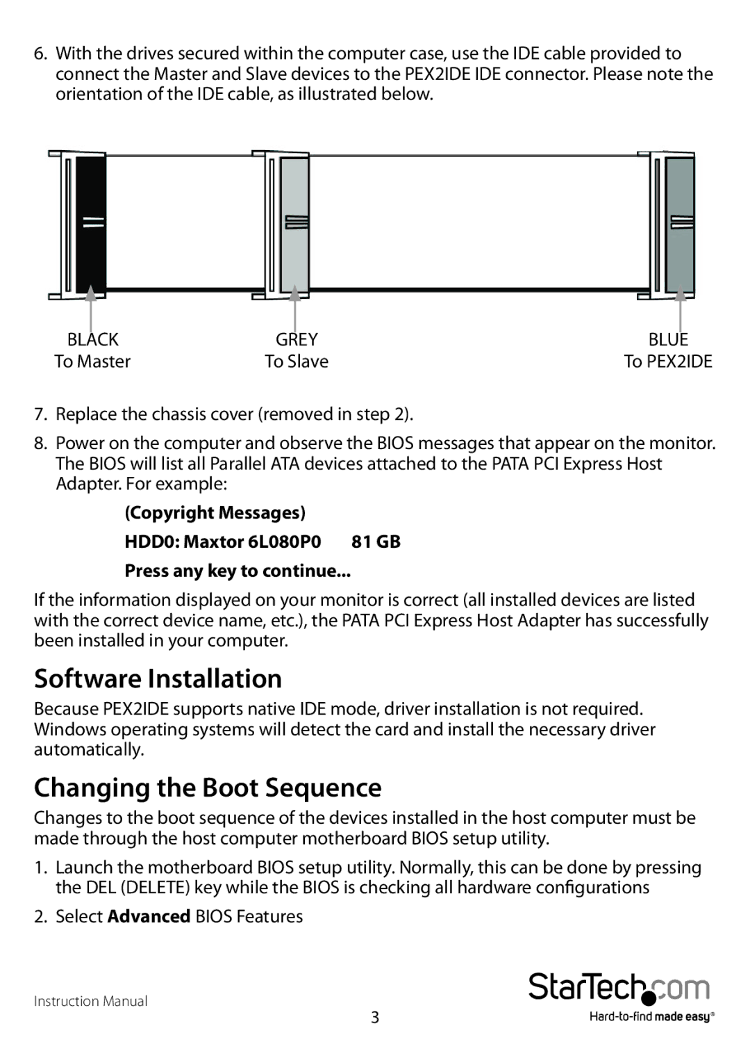 StarTech.com 1 port pci express ide controller adapter card manual Software Installation, Changing the Boot Sequence 