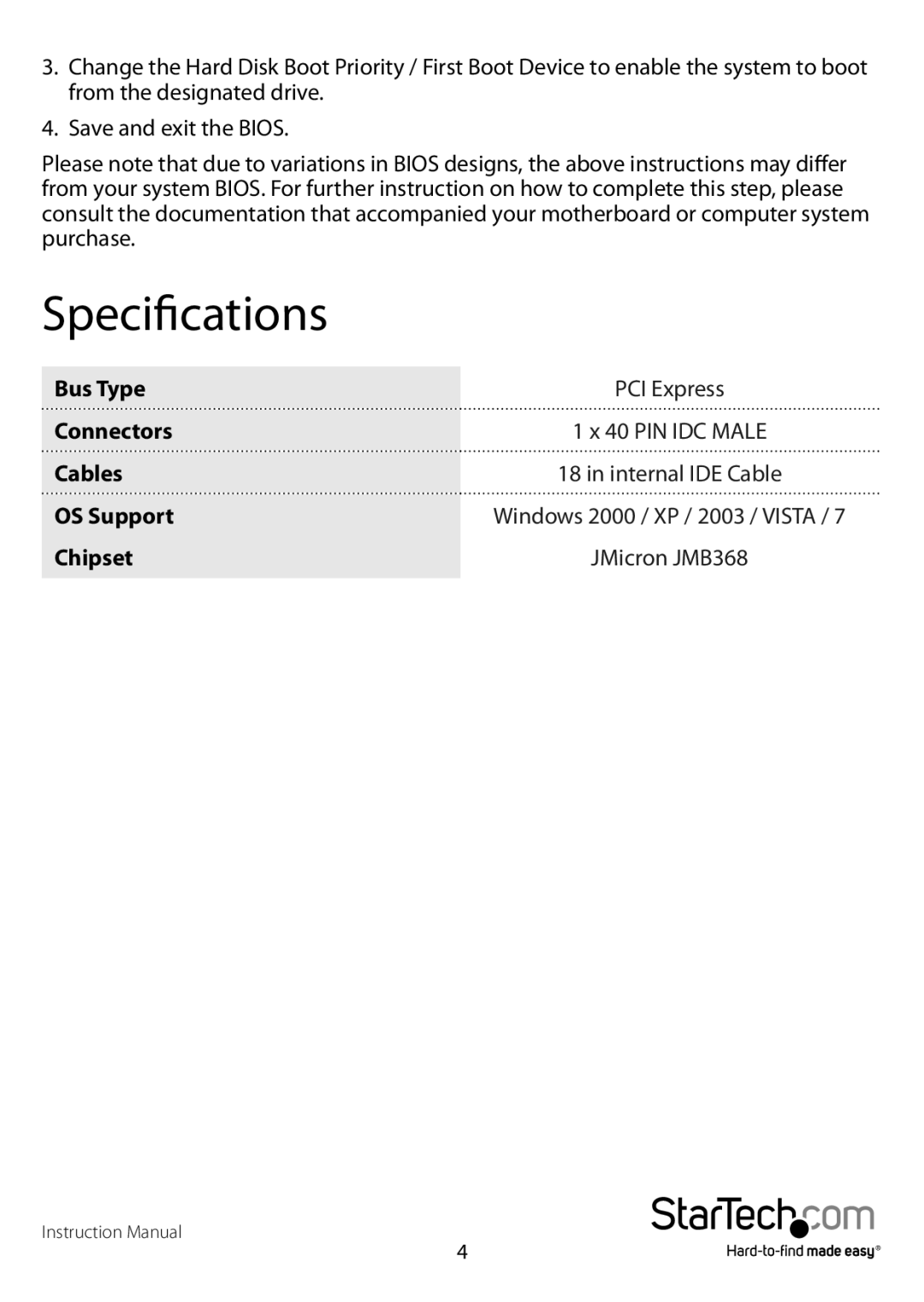 StarTech.com 1 port pci express ide controller adapter card manual Specifications 