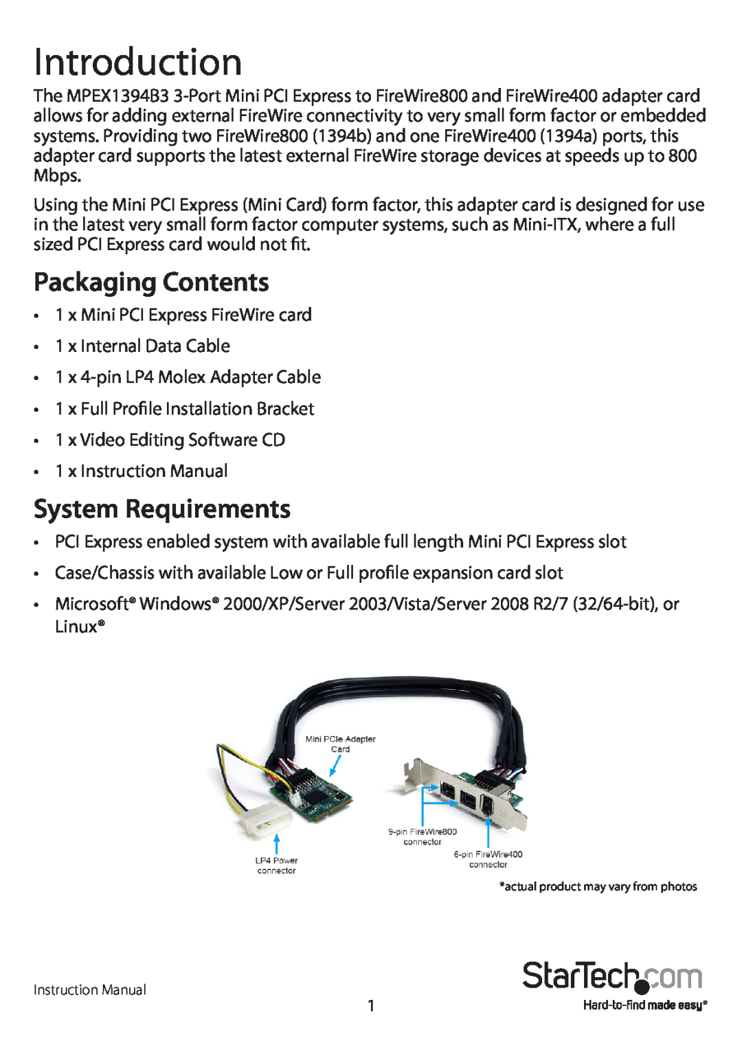 StarTech.com 1394 manual Introduction, Packaging Contents, System Requirements 