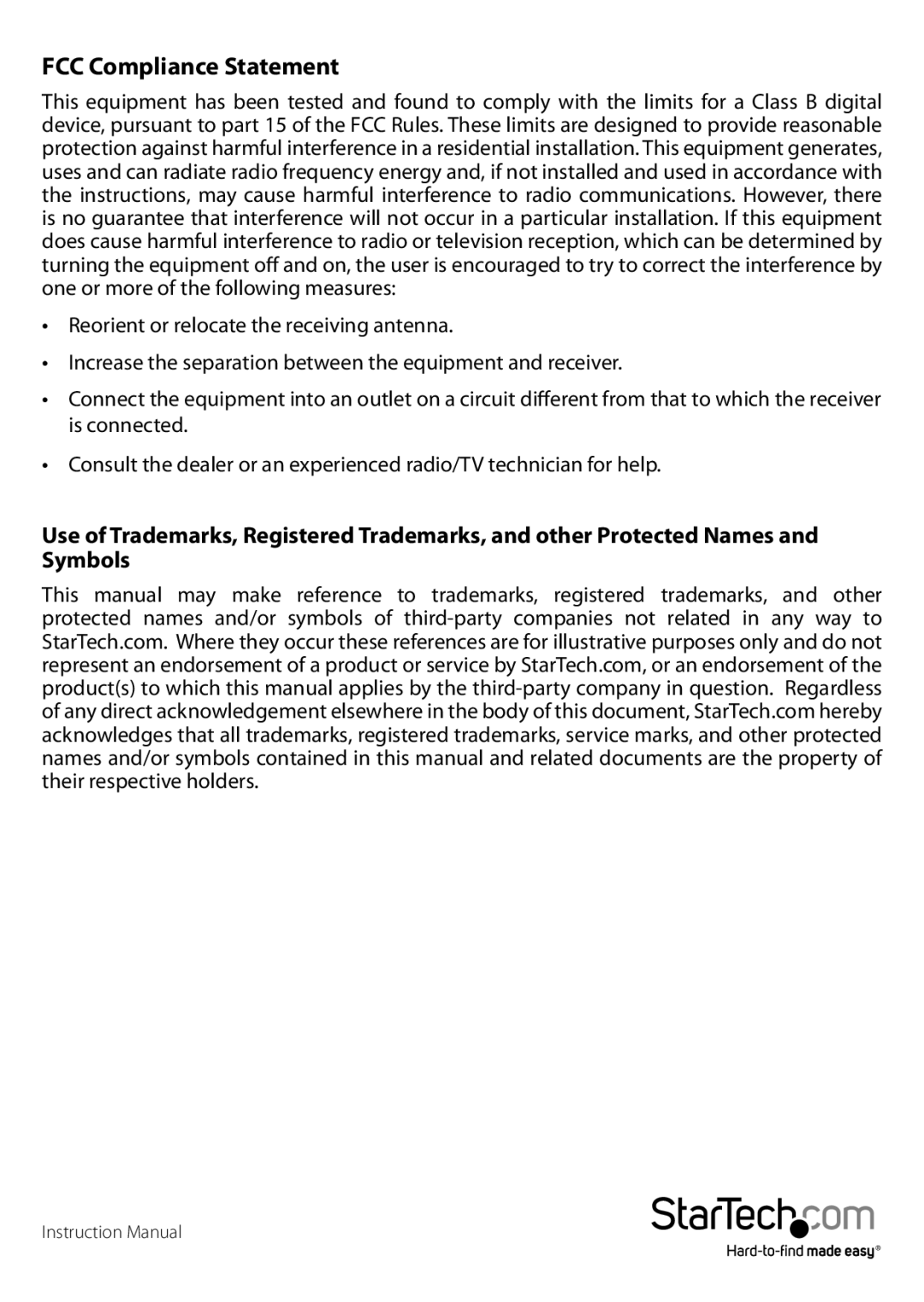 StarTech.com 1394 manual FCC Compliance Statement 