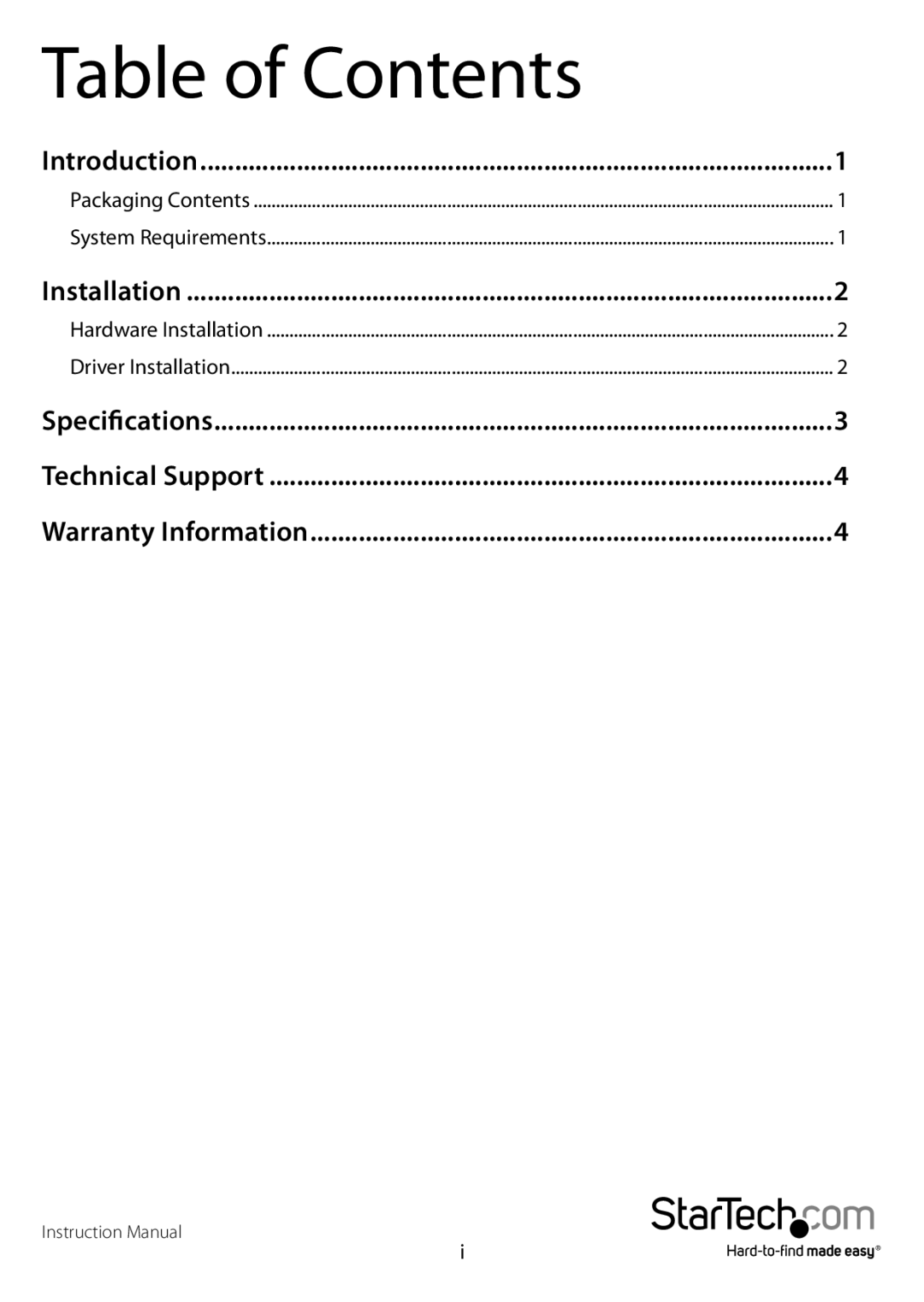 StarTech.com 1394 manual Table of Contents 