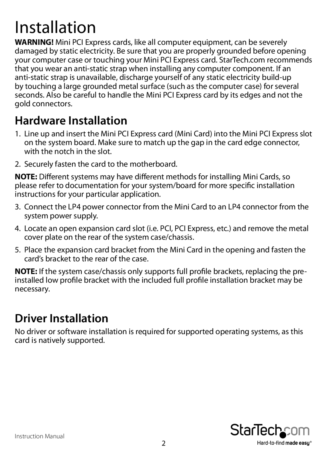 StarTech.com 1394 manual Hardware Installation, Driver Installation 