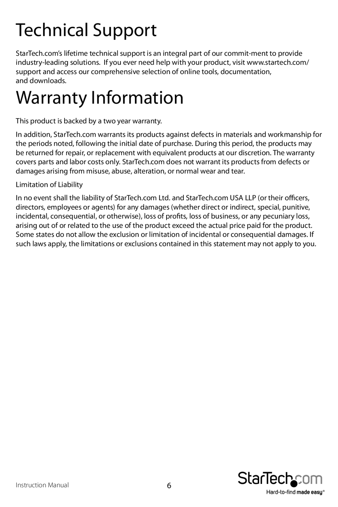 StarTech.com 1.8in usb to micro sata hard drive enclosure manual Technical Support, Warranty Information 