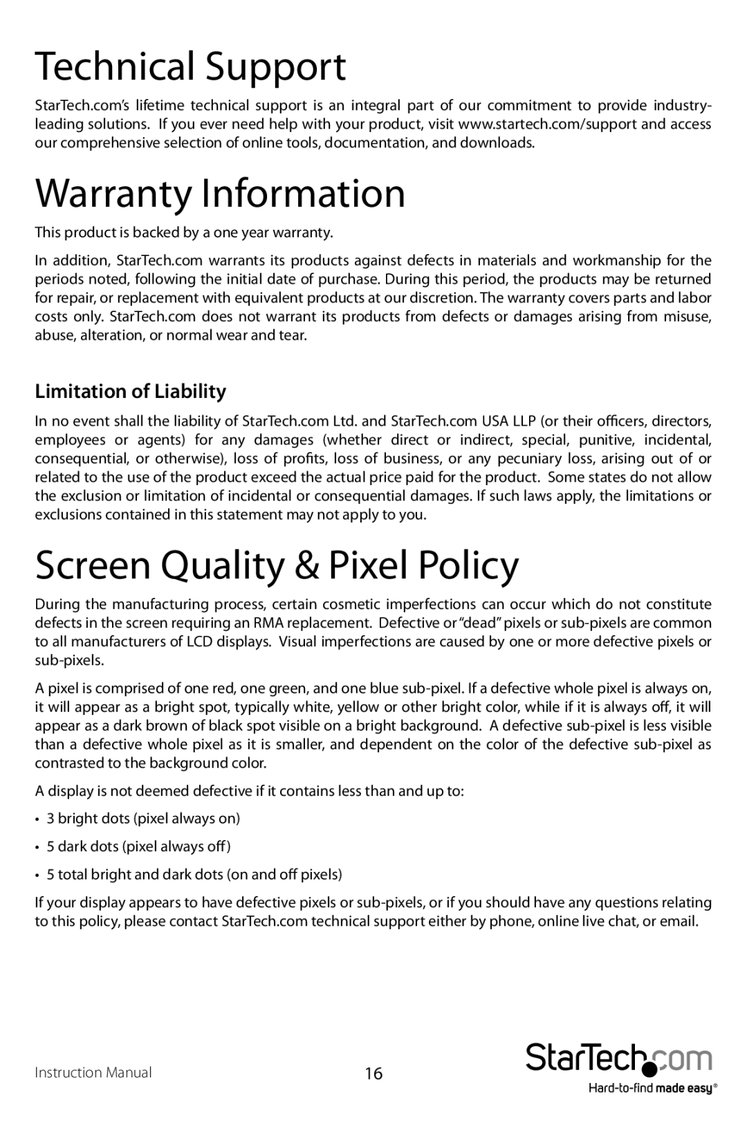 StarTech.com 1UCABCONS19, 1UCABCONS17 manual Technical Support Warranty Information, Screen Quality & Pixel Policy 