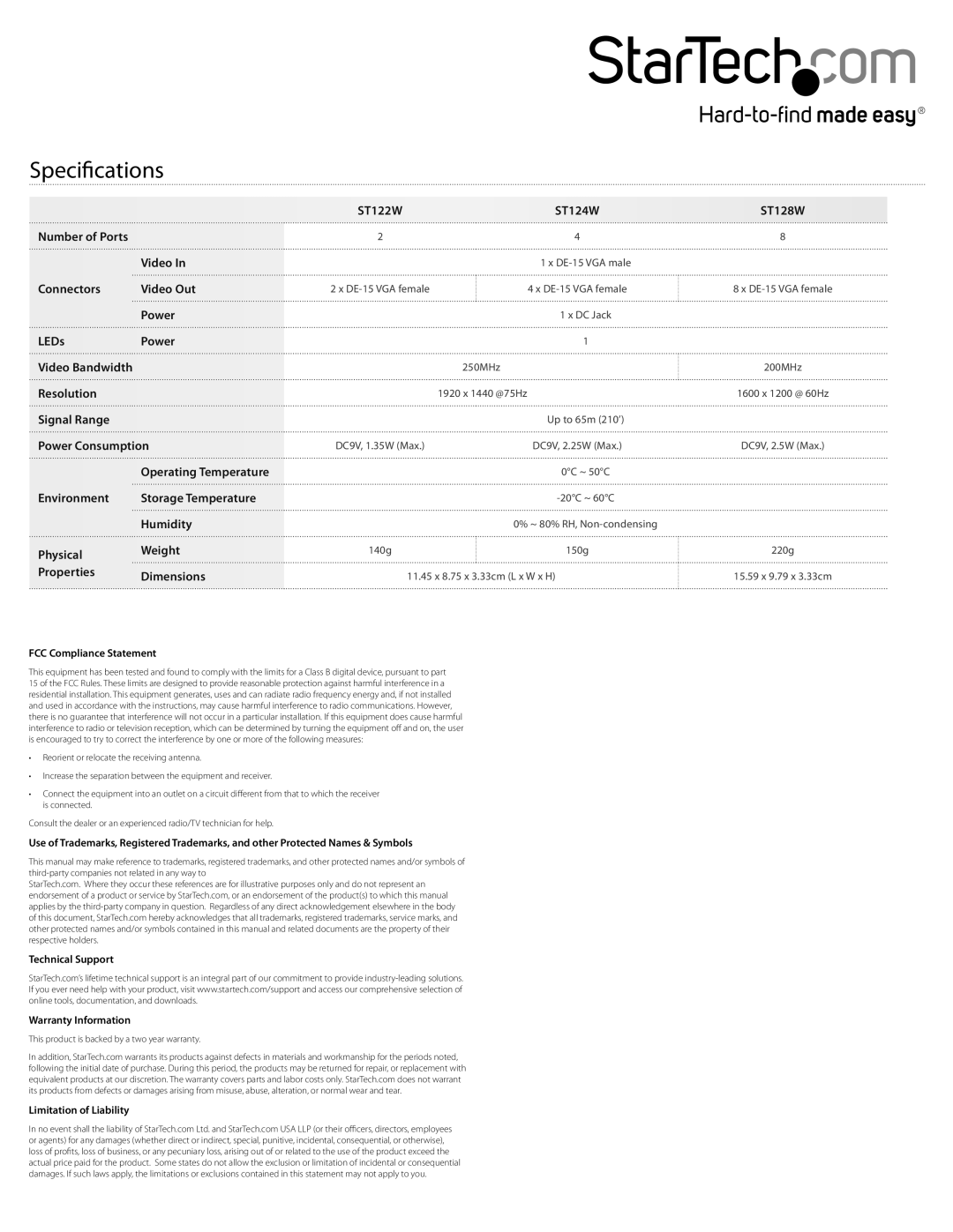 StarTech.com 2/4/8 port vga video splitter instruction manual Specifications, Properties Dimensions 