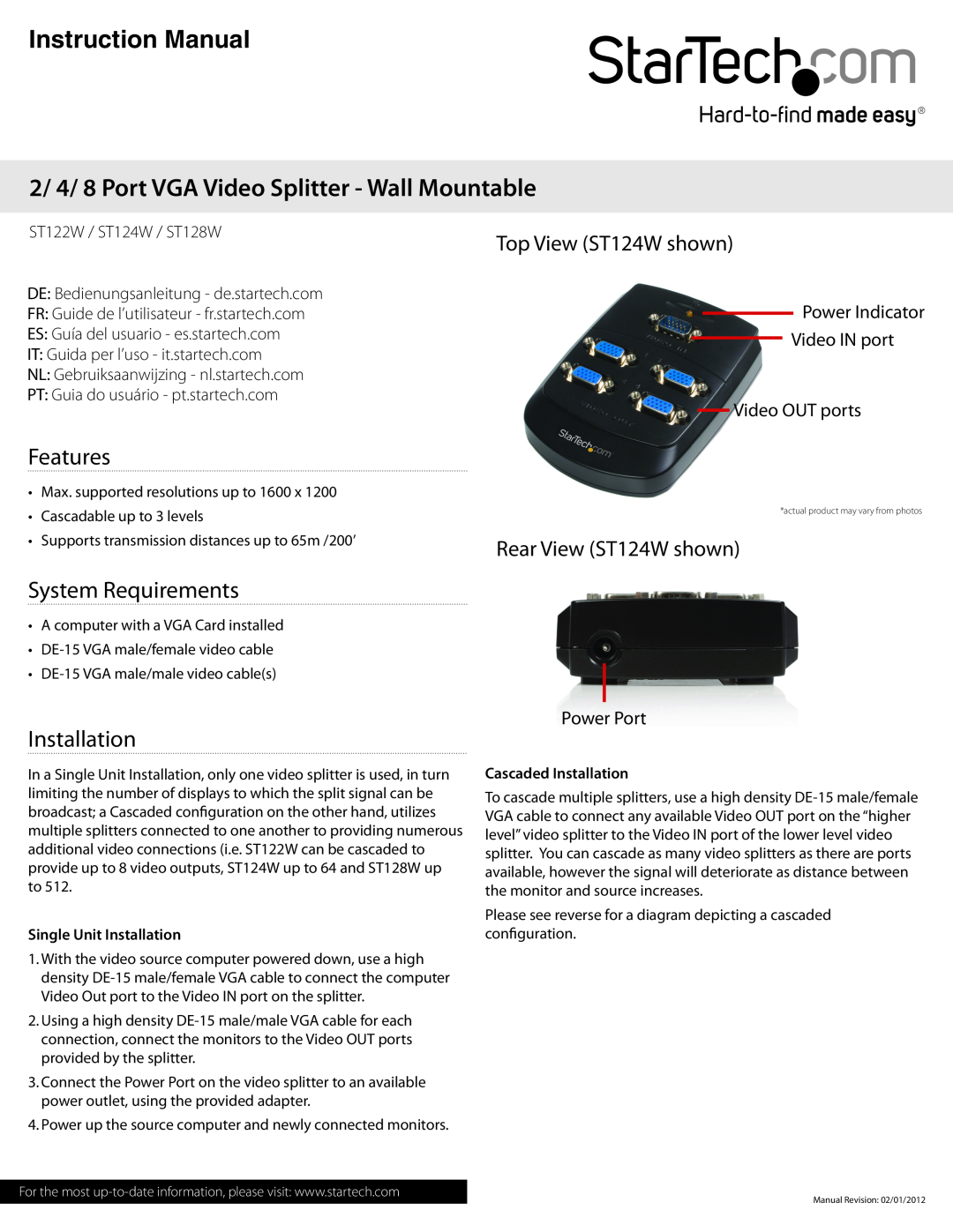 StarTech.com 2/4/8 port vga video splitter instruction manual Features, System Requirements, Installation, Power Port 