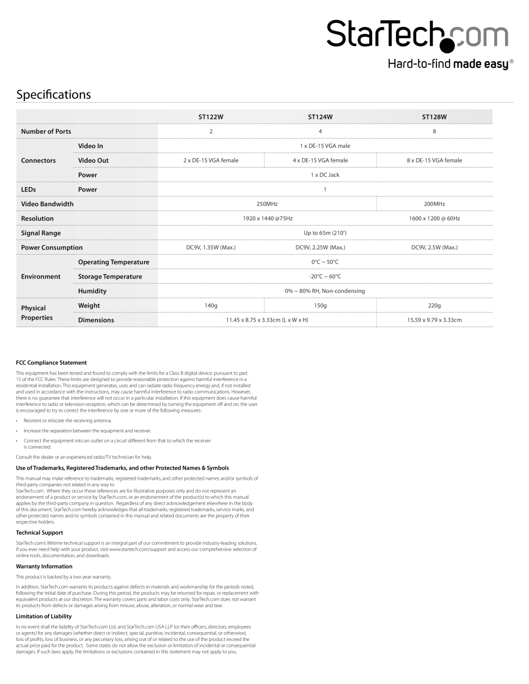 StarTech.com 2/4/8 port vga video splitter instruction manual Specifications 
