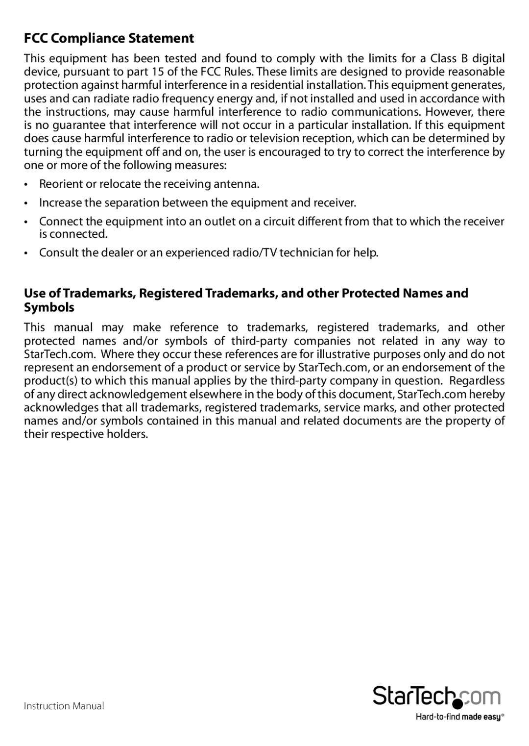 StarTech.com 2.5/3.5in Drives manual FCC Compliance Statement 