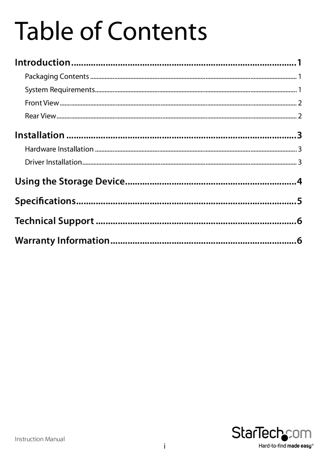 StarTech.com 2.5/3.5in Drives manual Table of Contents 