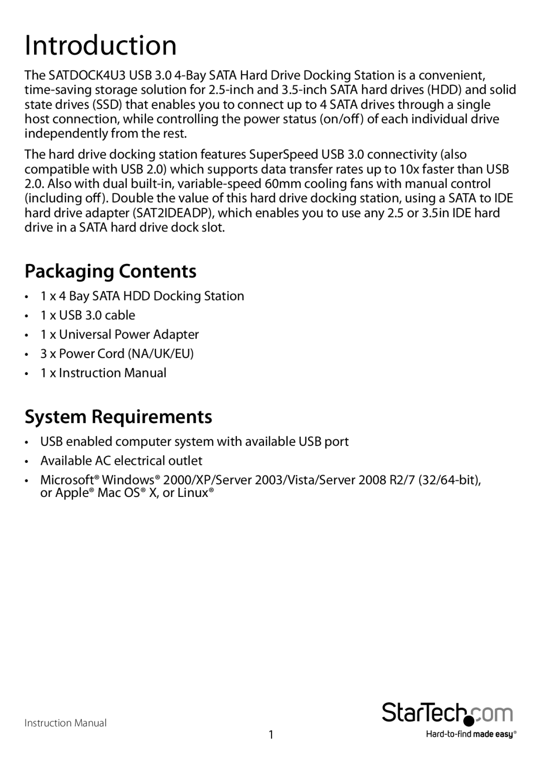 StarTech.com 2.5/3.5in Drives manual Introduction, System Requirements 