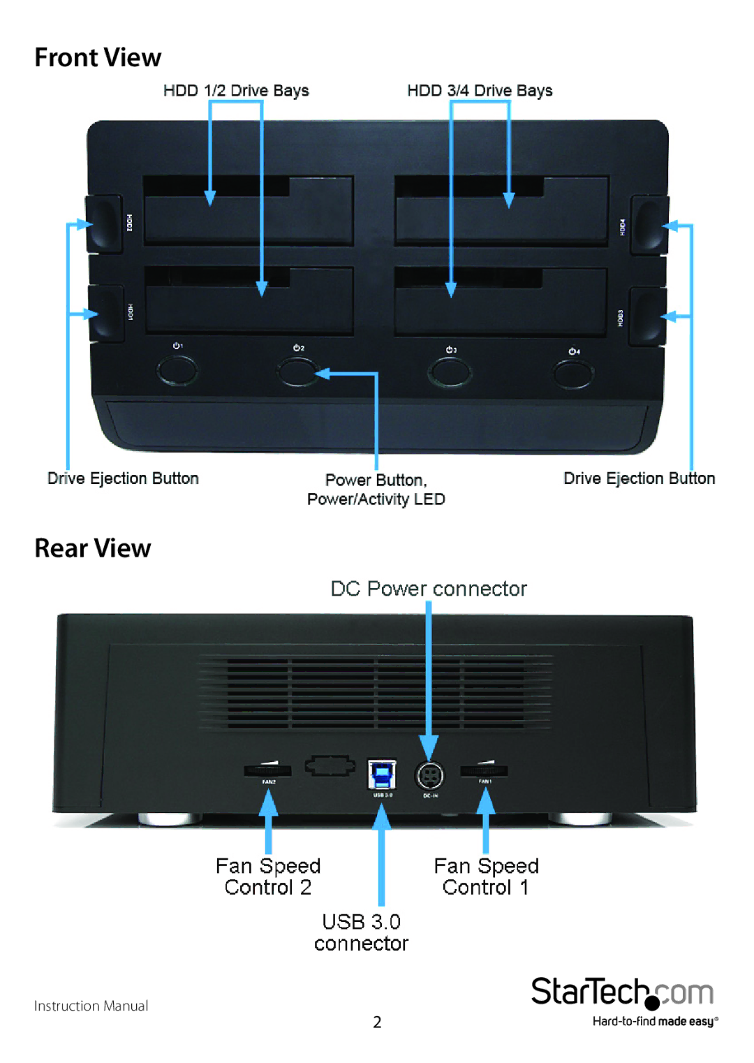 StarTech.com 2.5/3.5in Drives manual Front View Rear View 