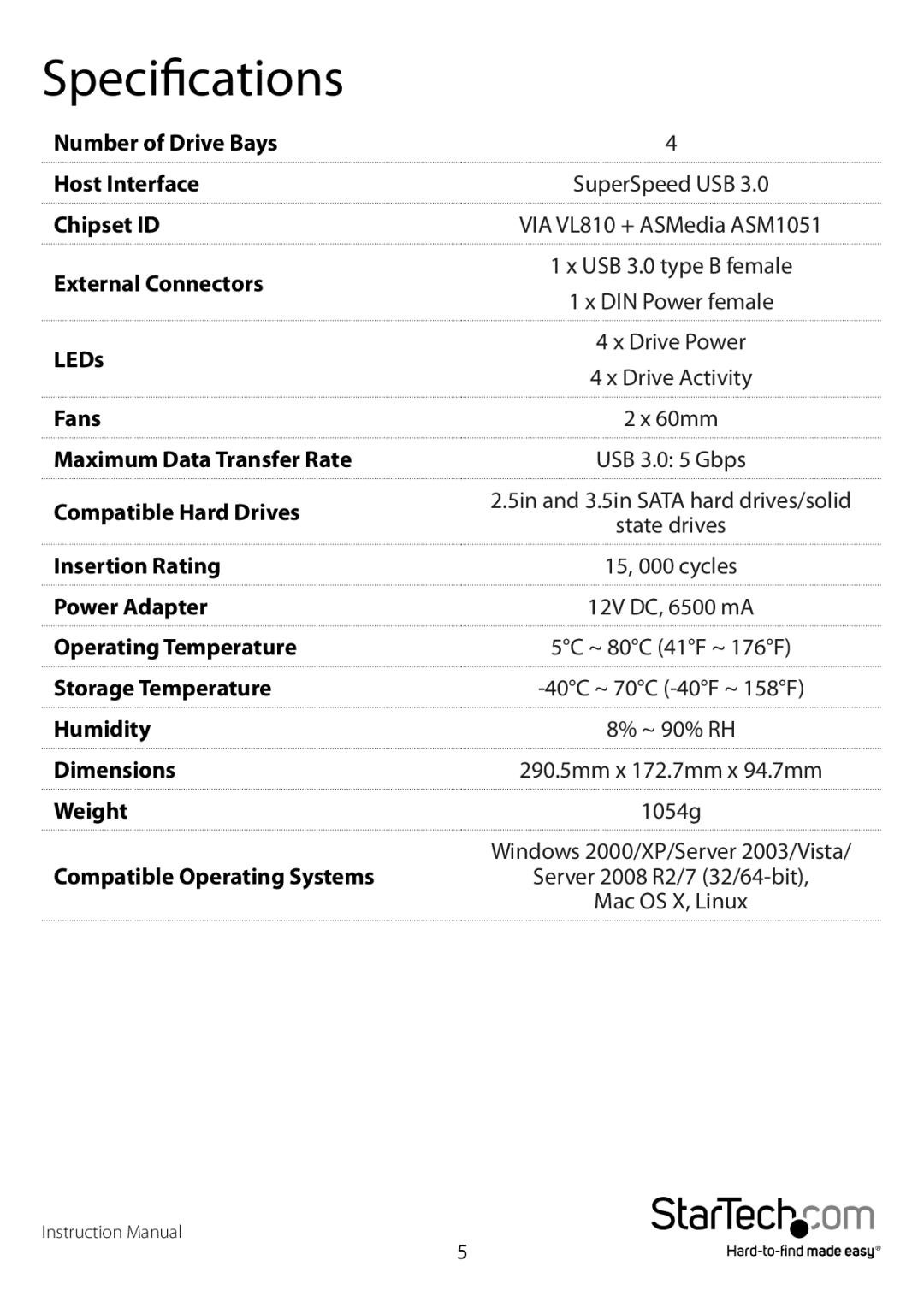 StarTech.com 2.5/3.5in Drives manual Specifications 