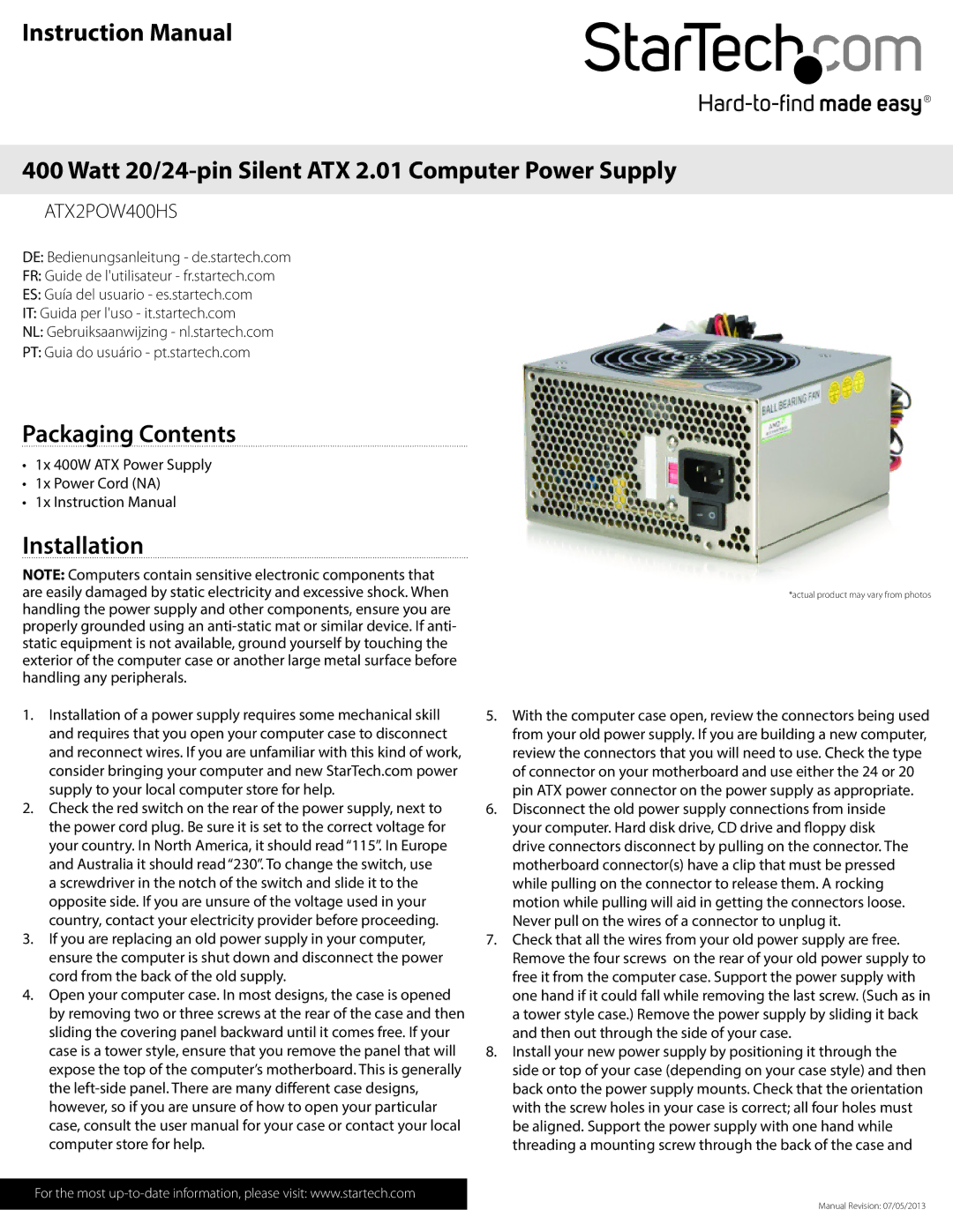 StarTech.com 400 watt 20/24-pin silent atx 2.01 computer power supply instruction manual Packaging Contents, Installation 