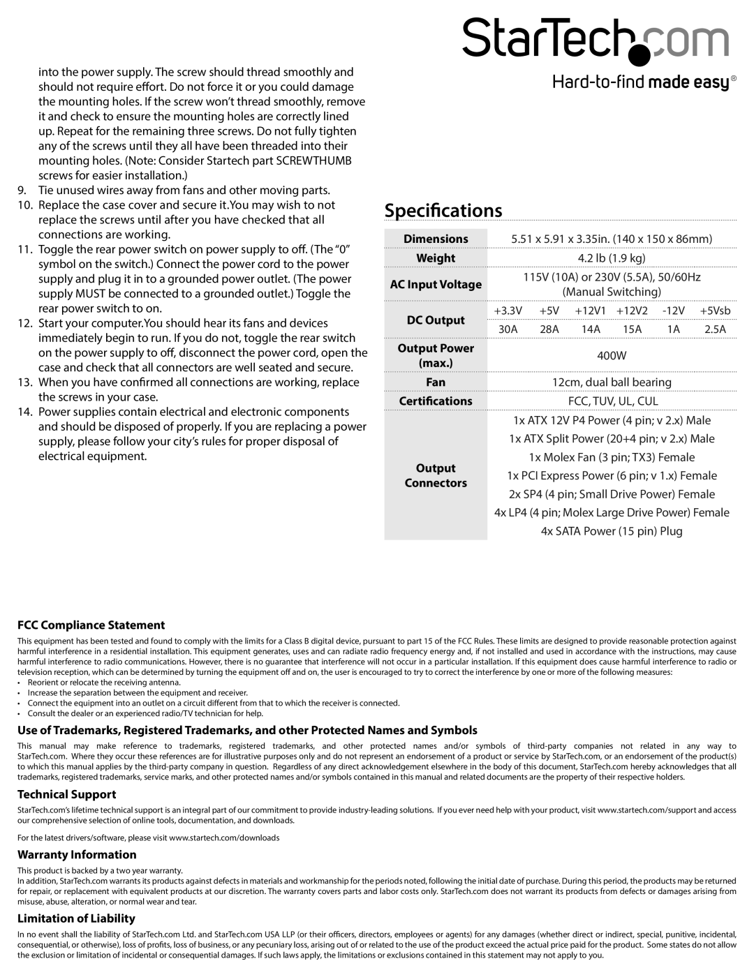 StarTech.com 400 watt 20/24-pin silent atx 2.01 computer power supply instruction manual Specifications, Dimensions, Output 