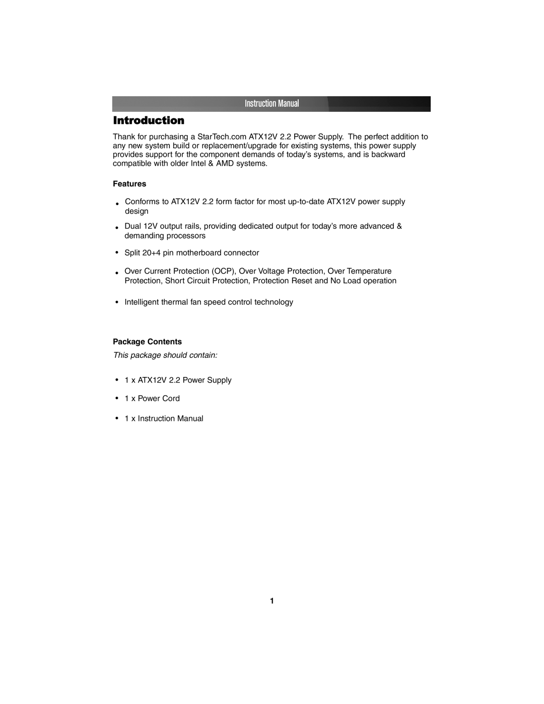 StarTech.com ATX12V2.2 instruction manual Introduction, Features 