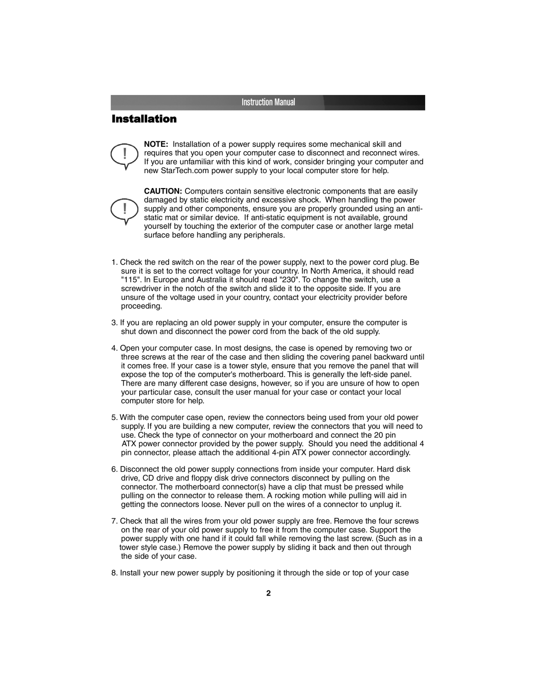 StarTech.com ATX12V2.2 instruction manual Installation 