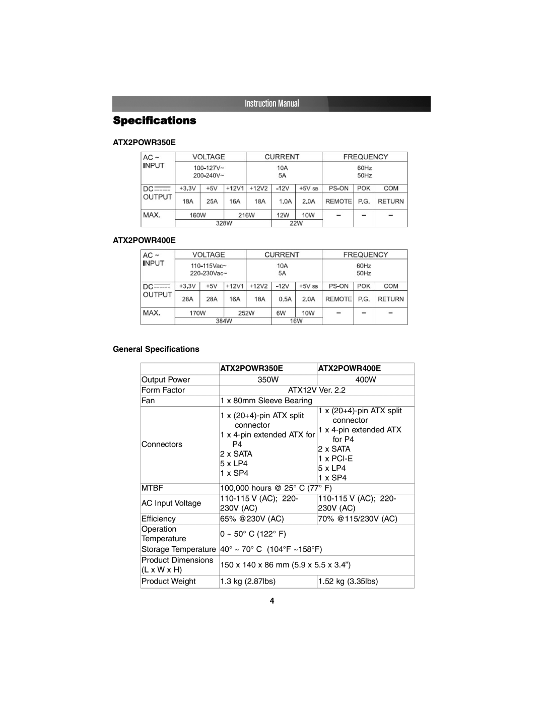 StarTech.com ATX12V2.2 instruction manual Specifications 