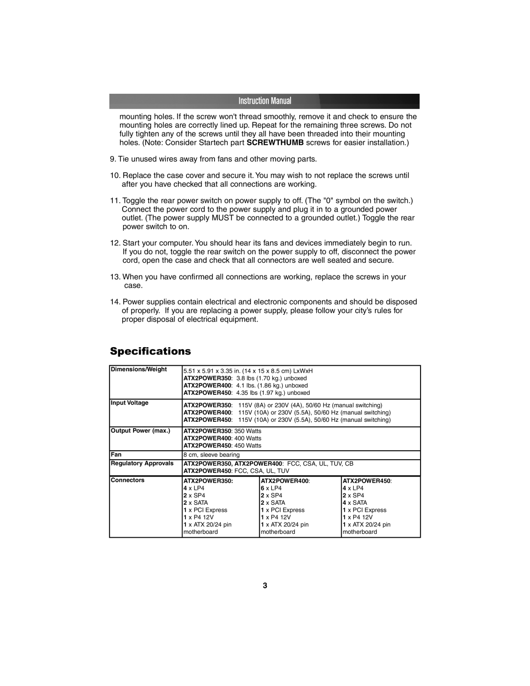 StarTech.com ATX2POWER350 instruction manual Specifications, ATX2POWER450 