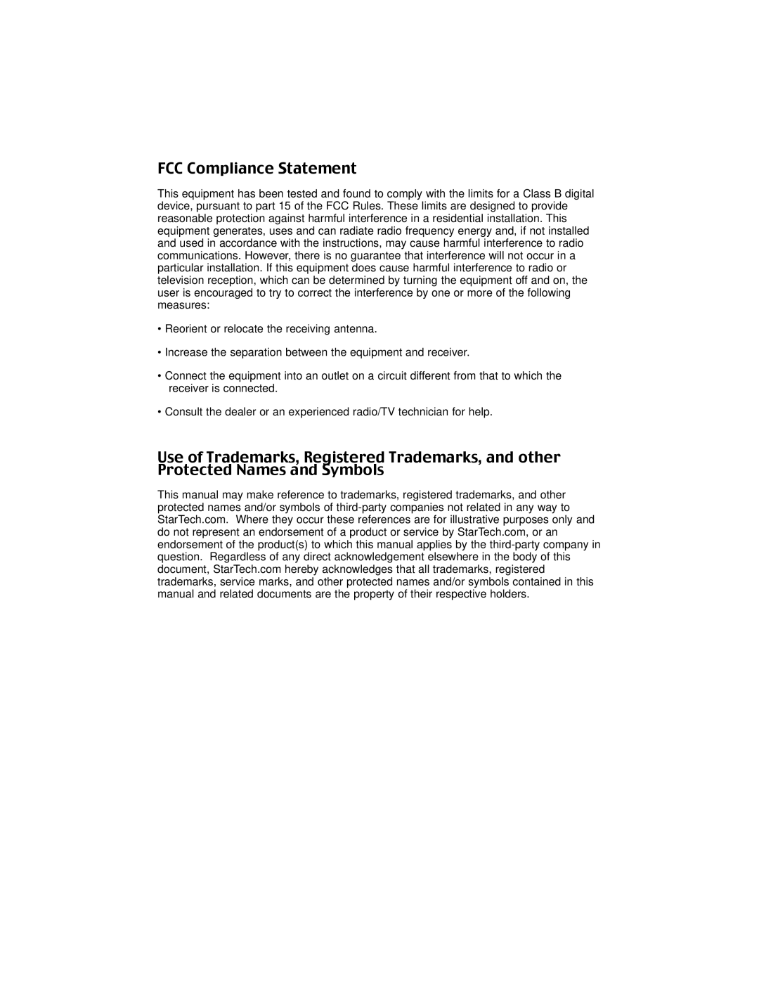 StarTech.com ATX2POWER400 instruction manual FCC Compliance Statement 