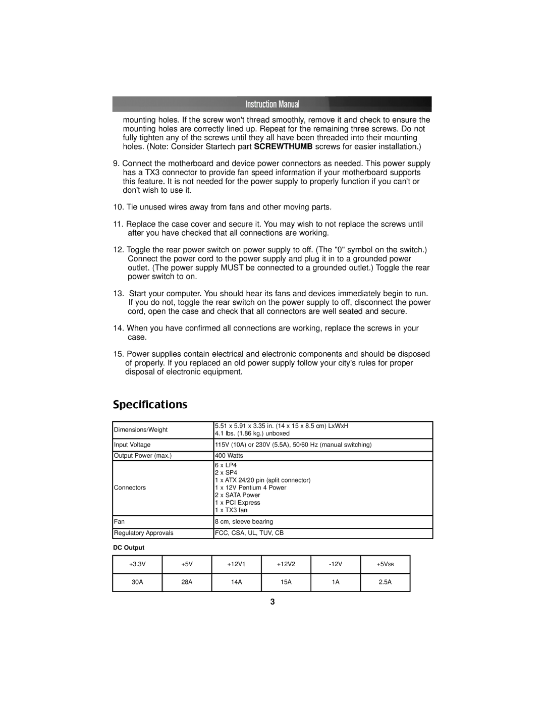 StarTech.com ATX2POWER400 instruction manual Specifications 