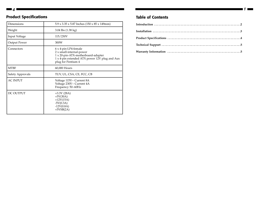 StarTech.com ATXPOW300PRO manual Product Specifications, Table of Contents 