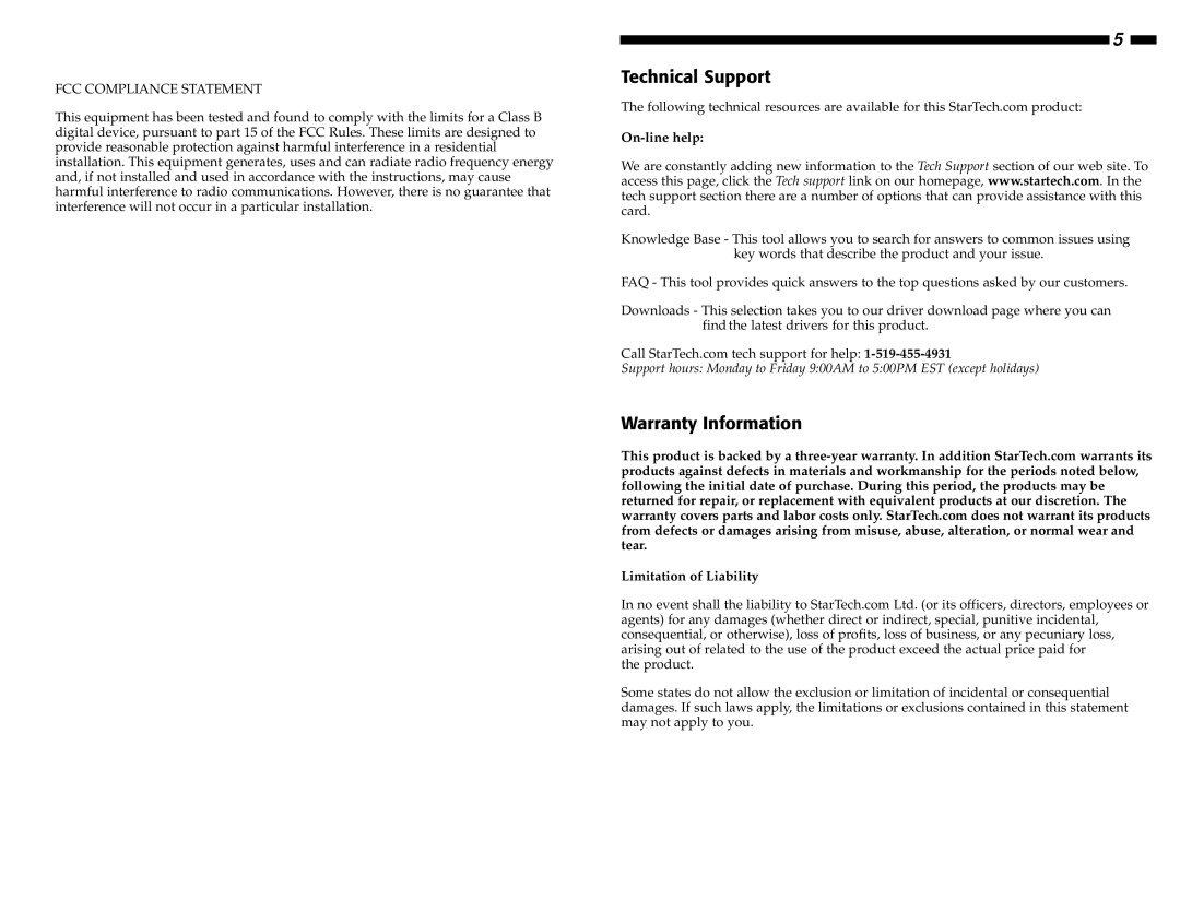 StarTech.com ATXPOW350DF manual Technical Support, Warranty Information, FCC Compliance Statement 