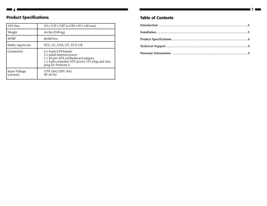 StarTech.com ATXPOW350DF manual Product Specifications, Table of Contents, Mtbf, Fcc, Ul, Csa, Ce, Tuv, Cb 