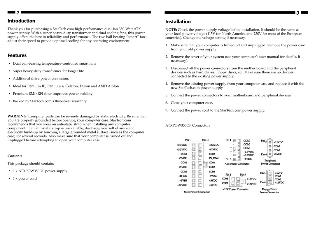 StarTech.com ATXPOW350DF manual Introduction Features, Installation 