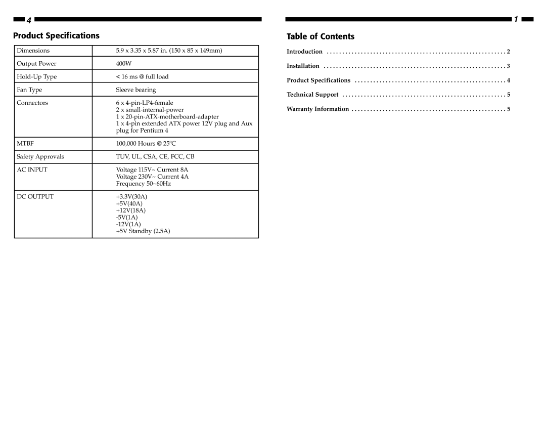 StarTech.com ATXPOWER400 manual Product Specifications, Table of Contents 