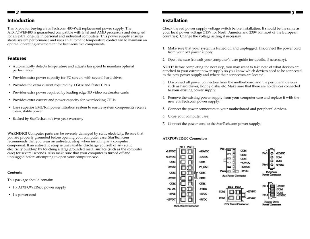 StarTech.com ATXPOWER400 manual Introduction Features, Installation 