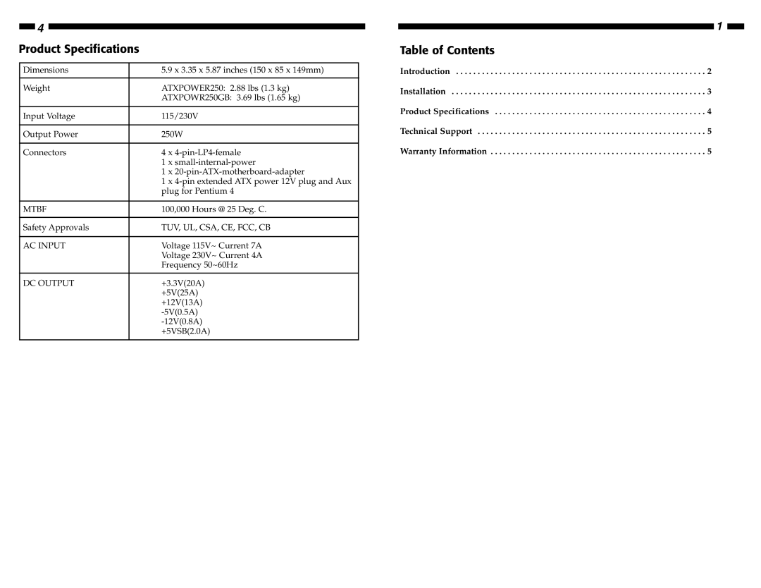 StarTech.com ATXPOWER250, ATXPOWR250GB manual Product Specifications, Table of Contents 