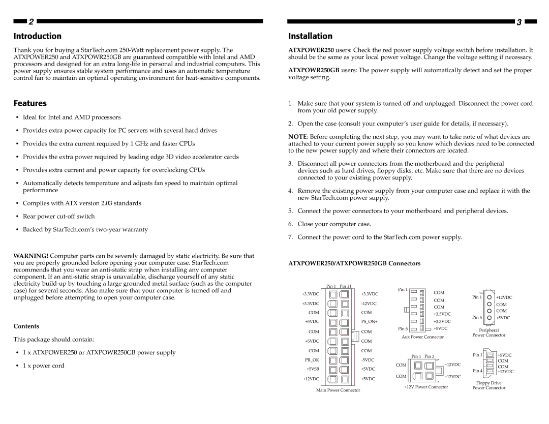 StarTech.com ATXPOWR250GB, ATXPOWER250 manual Introduction Features, Installation 