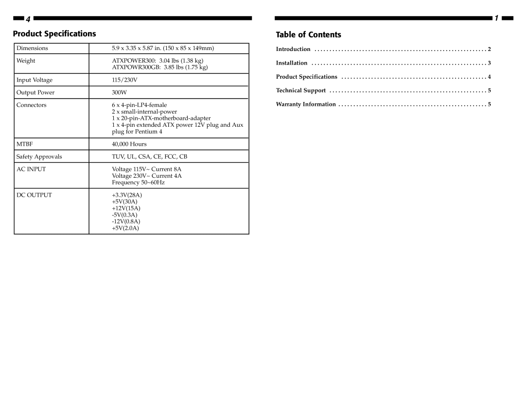 StarTech.com ATXPOWER300, ATXPOWR300GB manual Product Specifications, Table of Contents 