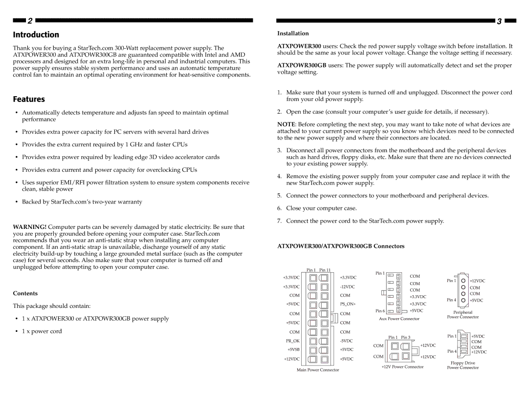 StarTech.com ATXPOWR300GB, ATXPOWER300 manual Introduction Features 