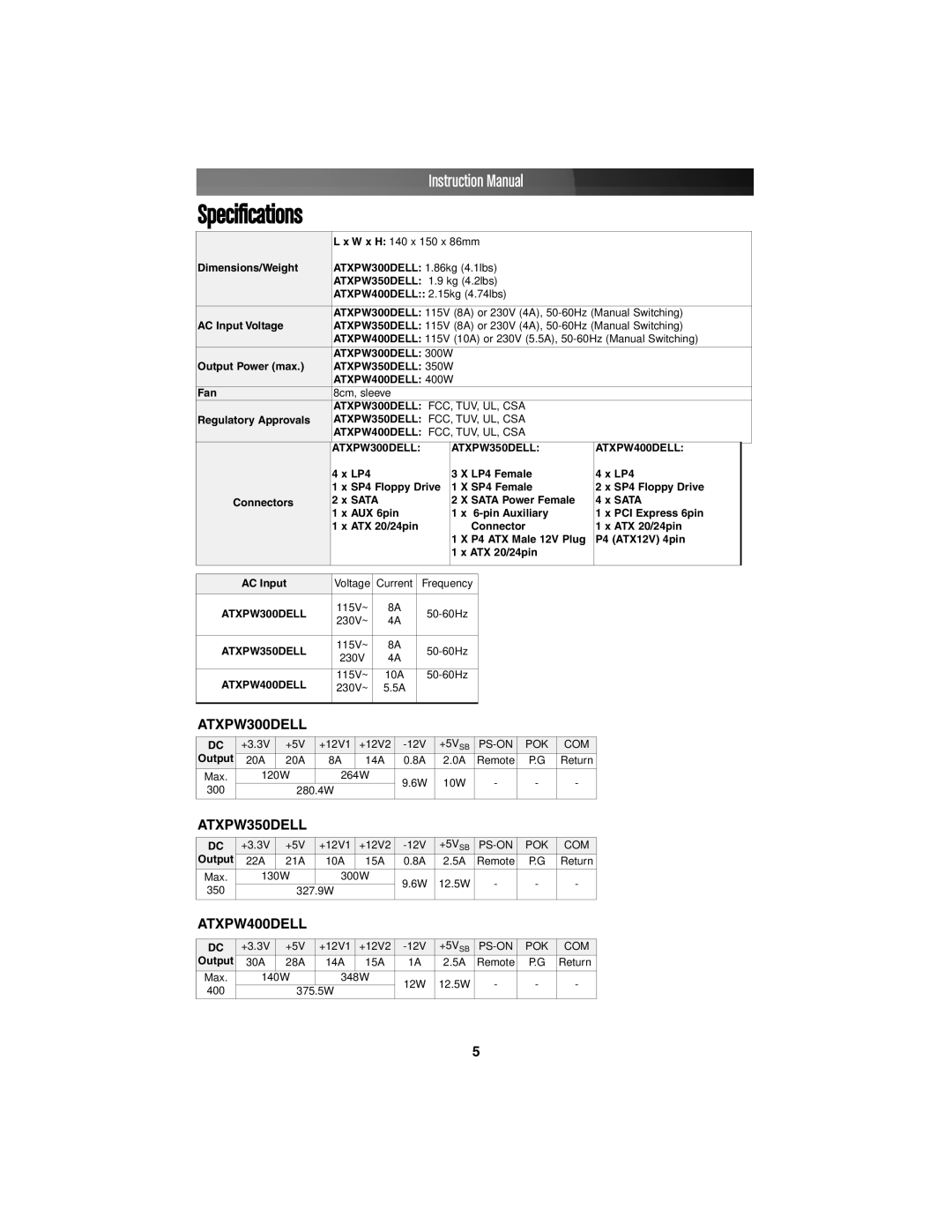 StarTech.com ATXPW350DELL, ATXPW400DELL, ATXPW300DELL instruction manual Specifications 