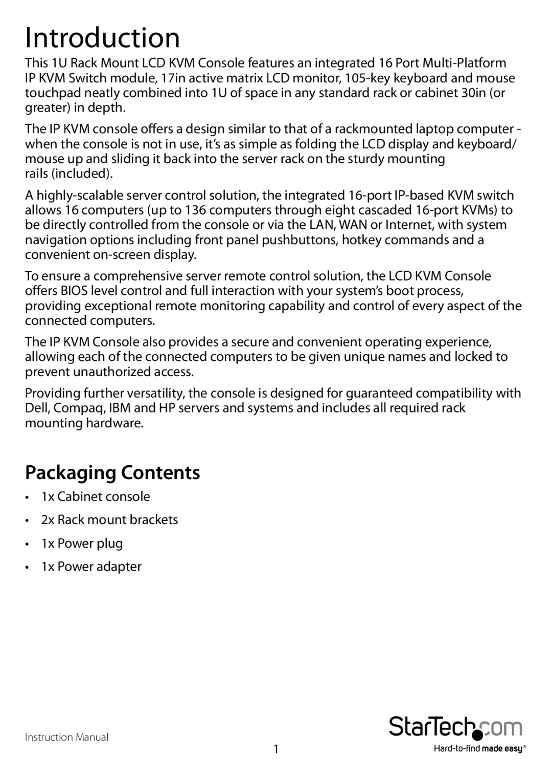 StarTech.com CABCONS1716I manual Introduction, Packaging Contents 