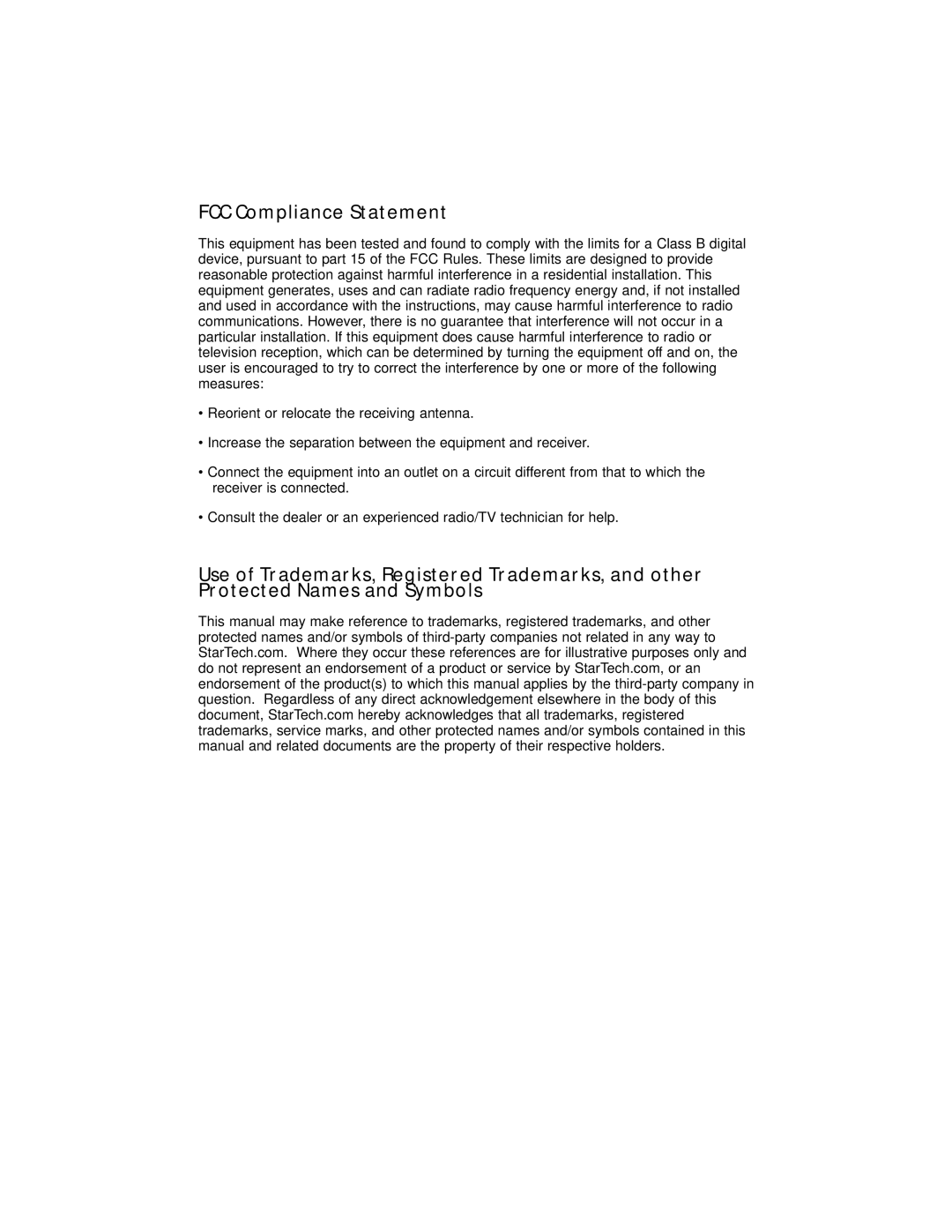 StarTech.com CB 1394_2 instruction manual FCC Compliance Statement 