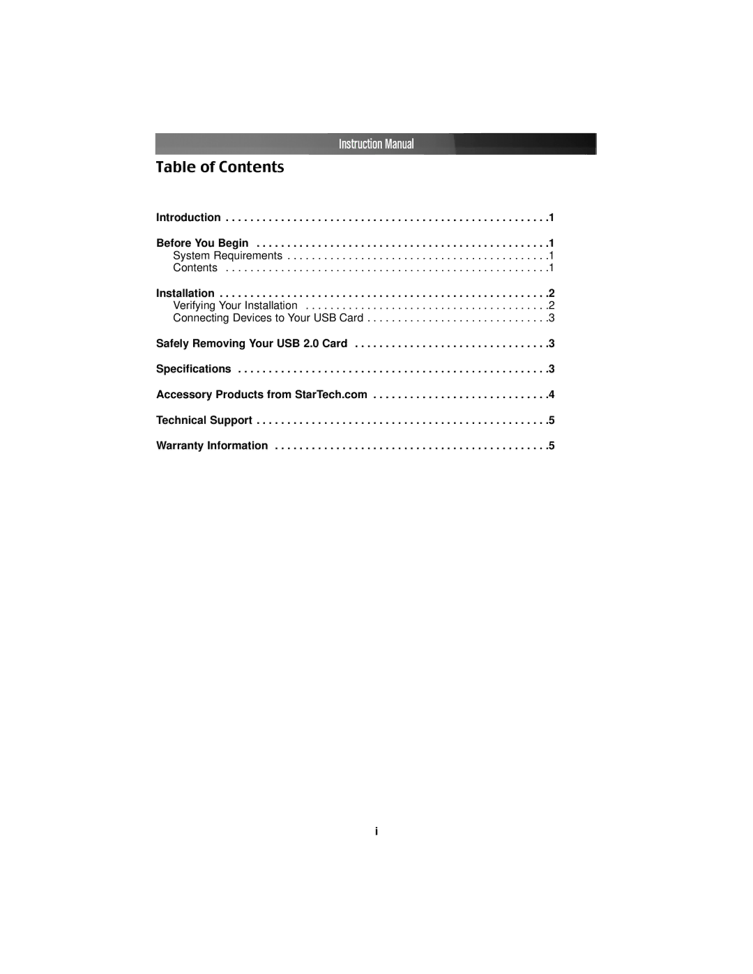 StarTech.com CB420USB instruction manual Table of Contents 